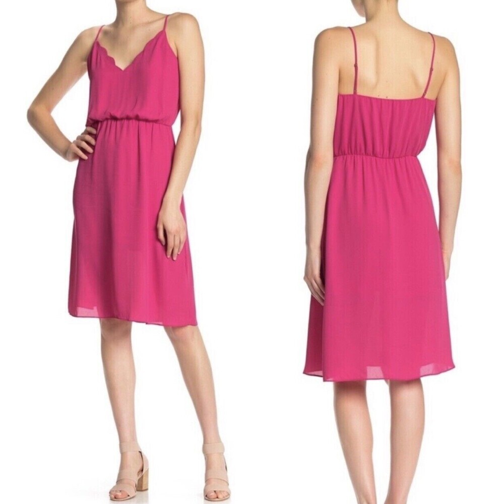 Socialite Women's Scalloped V-Neck Side Silt Midi Dress In Hot Pink Size M